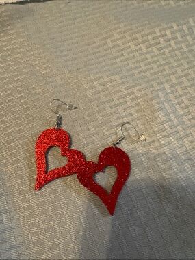 Red Glitter Double Heart Dangle Earrings